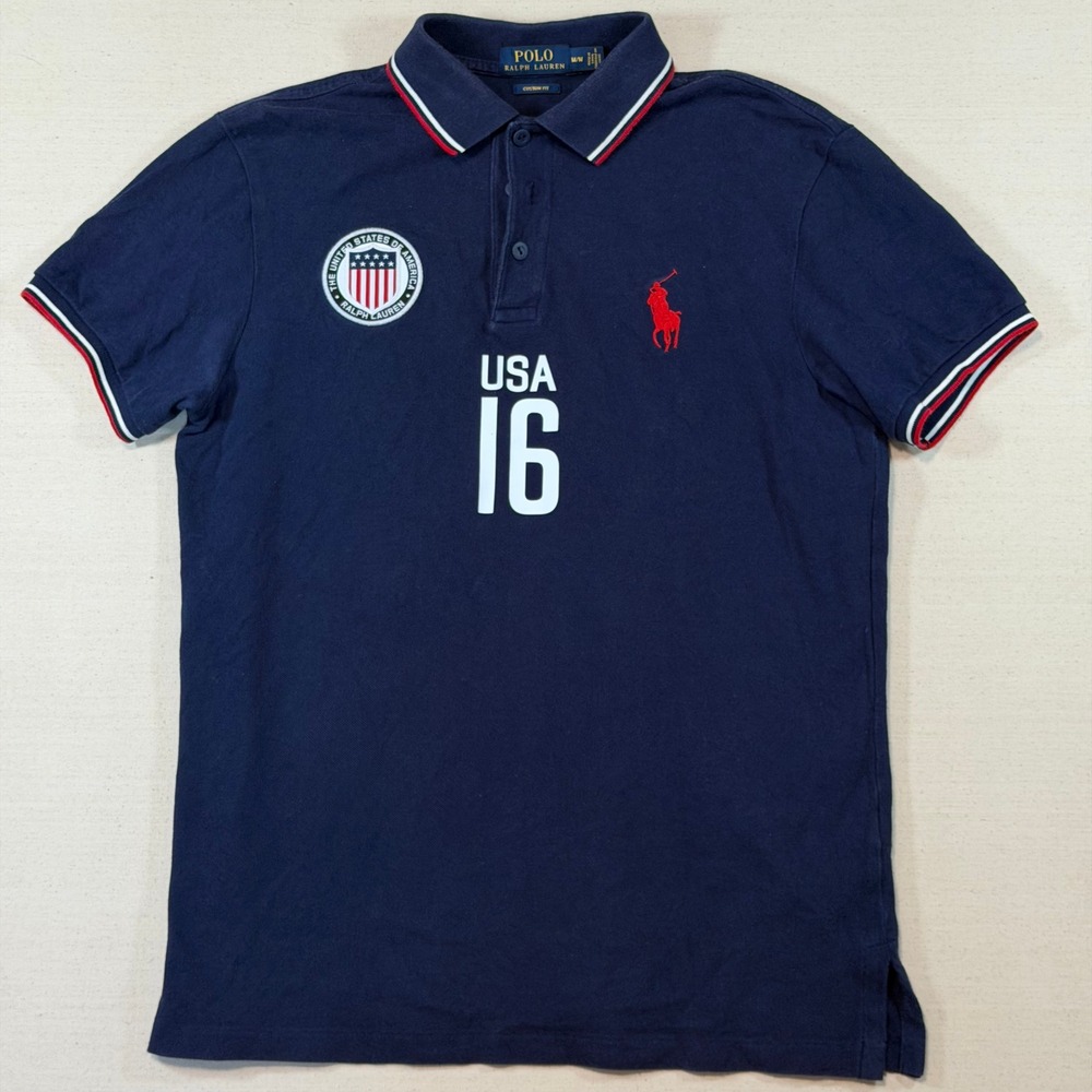Polo Ralph Lauren Mens Custom Fit USA 16 Olympic Polo Shirt Navy Blue Medium